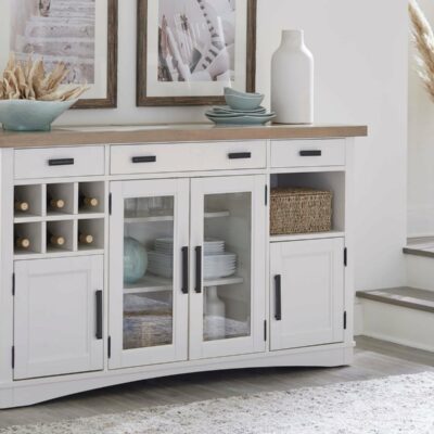 Parker House | Dining Room Transitional Buffet with Quartz Insert Work Surface, Power Outlets, Display Lighting