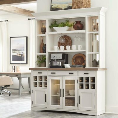 Parker House | Dining Room Transitional Buffet and Hutch Set Quartz Insert Work Surface, Power Outlets, Display Lighting