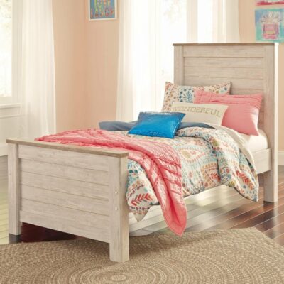 Signature Design by Ashley | Kids Two-Tone Twin Panel Bed in Washed White Finish with Rustic Top Trim