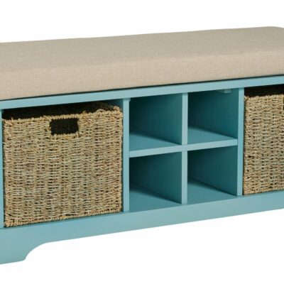 Signature Design by Ashley | Living Room Teal Cushioned Storage Bench with 4 Cubbies and 2 Rattan Baskets