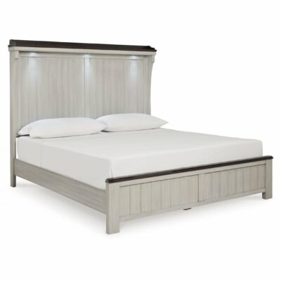 Signature Design by Ashley | Bedroom Farmhouse Two-Tone Queen Panel Bed with Headboard Shelf & LED Lighting