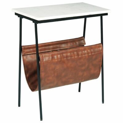 Signature Design by Ashley | Living Room Black Metal Accent Table with White Marble Top and Brown Faux Leather Magazine Holder