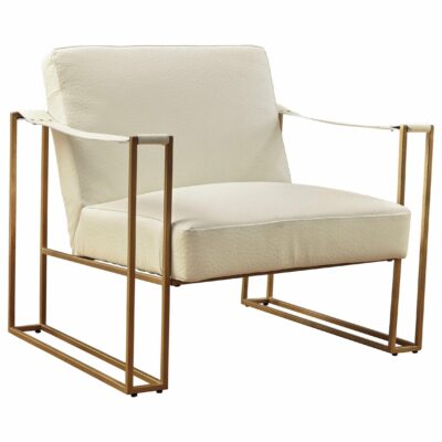 Signature Design by Ashley | Living Room Gold Finish Metal Accent Chair in Cream Embossed Leather