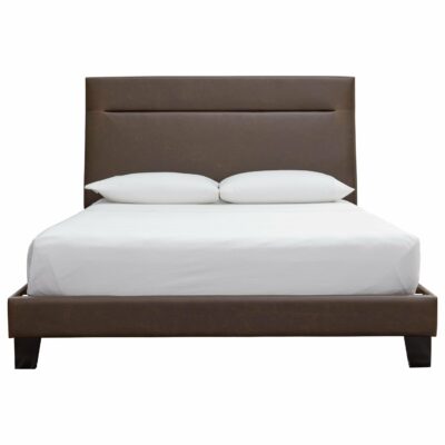 Signature Design by Ashley | Bedroom Contemporary Queen Upholstered Bed in Brown Faux Leather