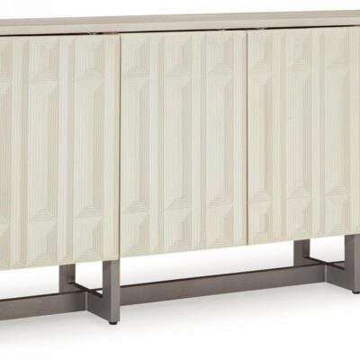 Signature Design by Ashley | Living Room Distressed White Finish Accent Cabinet with Geometric Pattern Doors